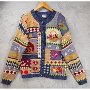 Bon Worth Chunky Sweater Large Cardigan Artsy Farm Barn Chicken Cottagecore